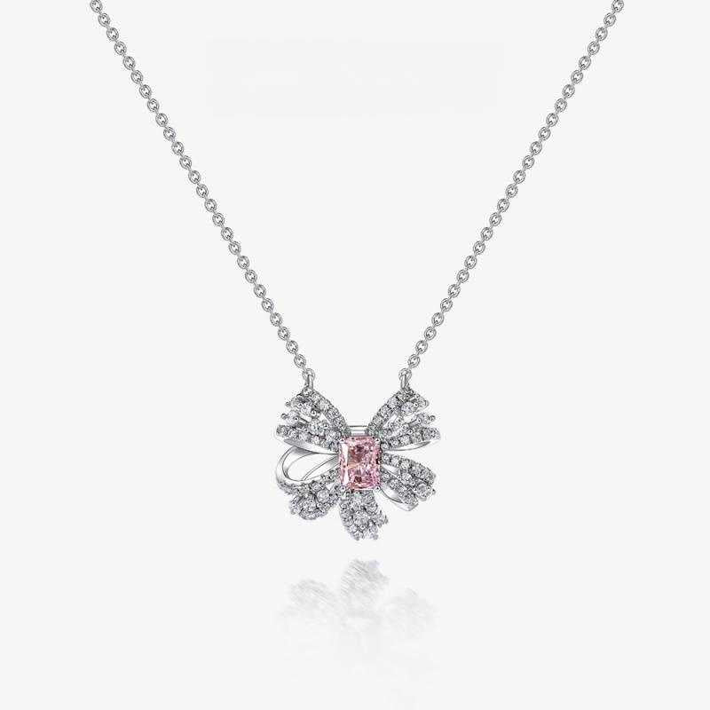 Jorrio handmade pink radiant bow sterling silver diamond necklace
