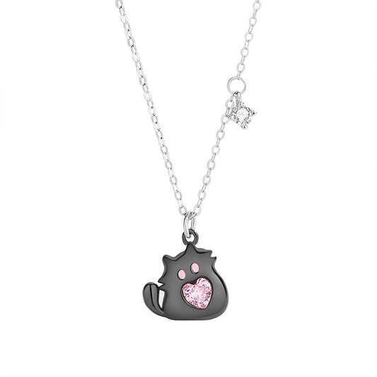 Jorrio handmade pink heart cut cute cartoon kitten sterling silver necklace