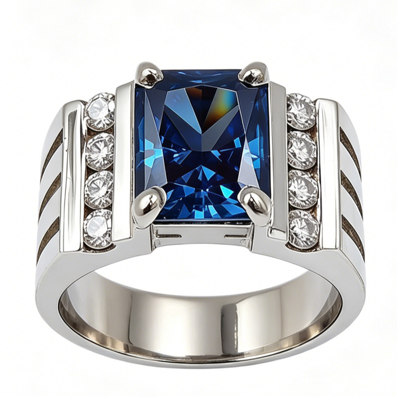 Jorrio Handmade Modern Geometric Blue Sapphire CZ Men’s Luxury Statement Ring