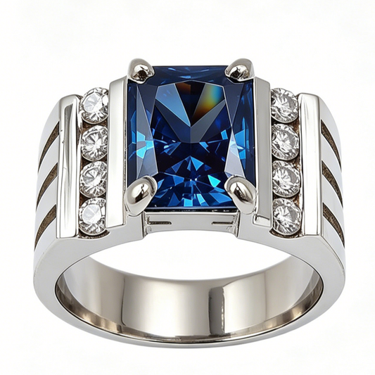 Jorrio Handmade Modern Geometric Blue Sapphire CZ Men’s Luxury Statement Ring