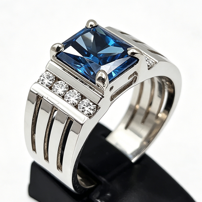 Jorrio Handmade Modern Geometric Blue Sapphire CZ Men’s Luxury Statement Ring