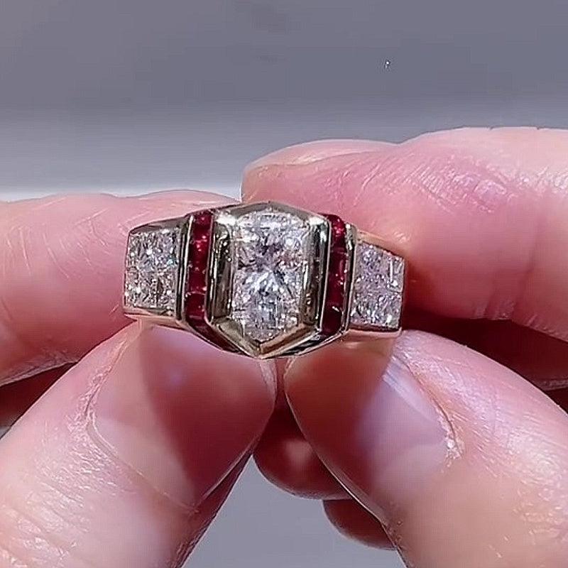 Jorrio Handmade Art Deco Skyscraper Inspired Ruby & CZ Gold Plated Vintage Statement Men's Ring