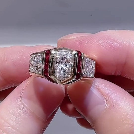 Jorrio Handmade Art Deco Skyscraper Inspired Ruby & CZ Gold Plated Vintage Statement Men's Ring