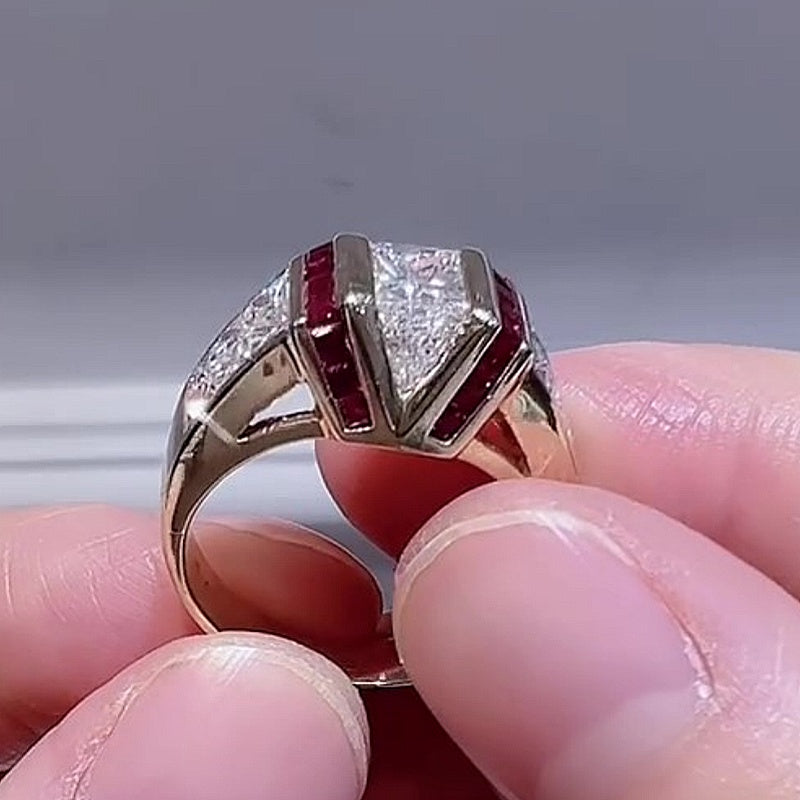 Jorrio Handmade Art Deco Skyscraper Inspired Ruby & CZ Gold Plated Vintage Statement Men's Ring