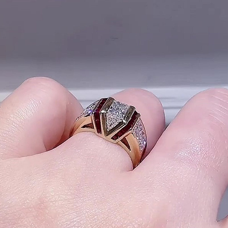 Jorrio Handmade Art Deco Skyscraper Inspired Ruby & CZ Gold Plated Vintage Statement Men's Ring