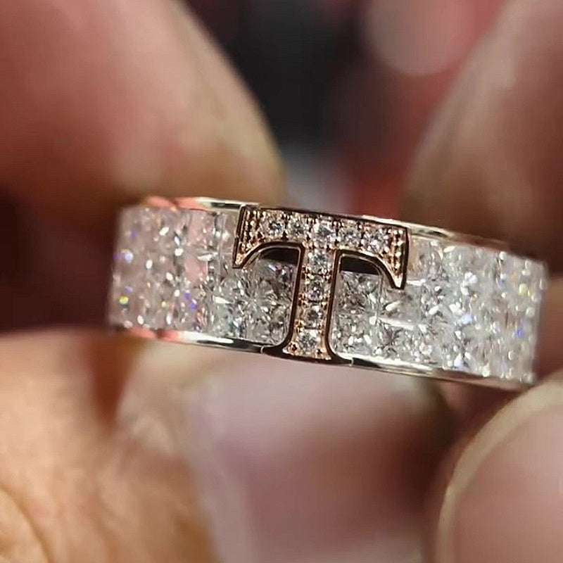 Jorrio Handmade Bold Luxury Two‑Tone Iced T‑Bar Cubic Zirconia Fashion Ring
