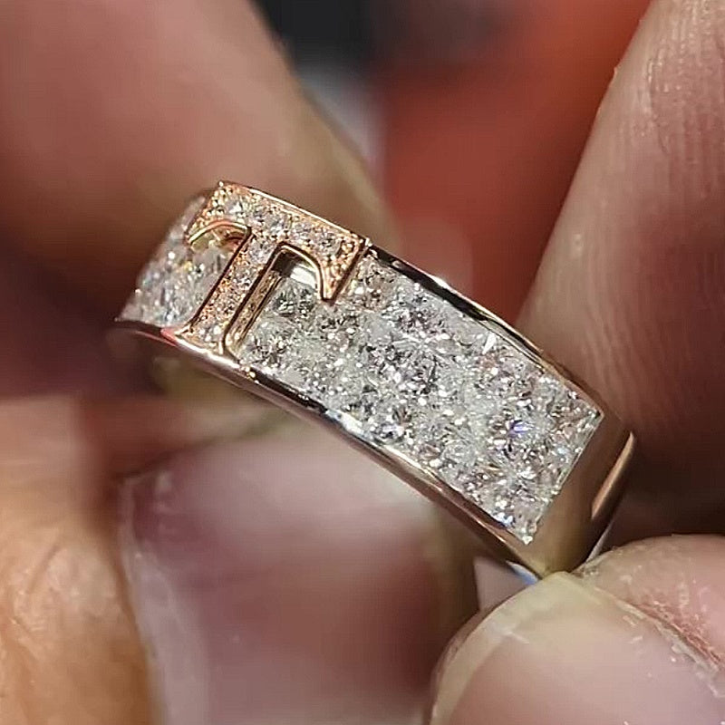 Jorrio Handmade Bold Luxury Two‑Tone Iced T‑Bar Cubic Zirconia Fashion Ring