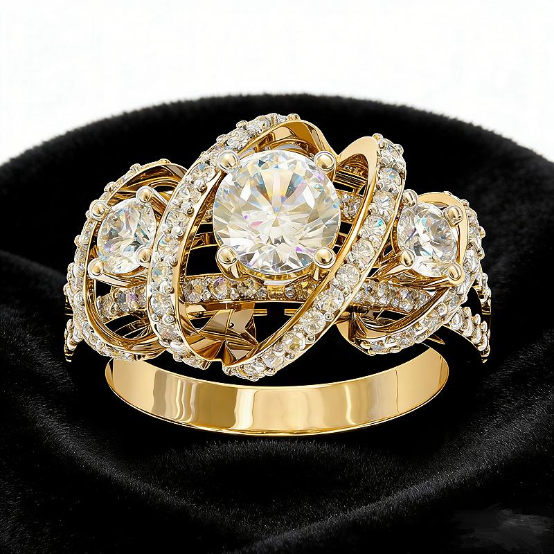 Jorrio handmade round cut triple-stone crisscross pavé halo moissanite ring