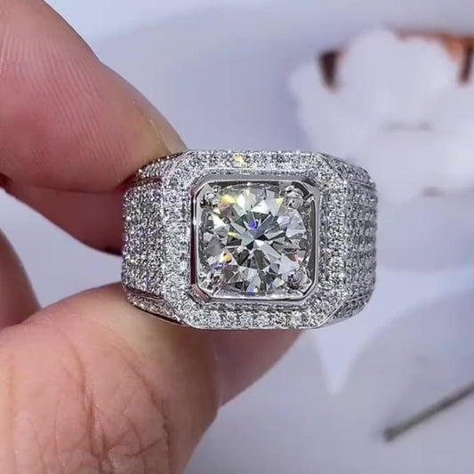 Jorrio handmade luxury round brilliant cut fully paved halo sparkle wide band men's ring