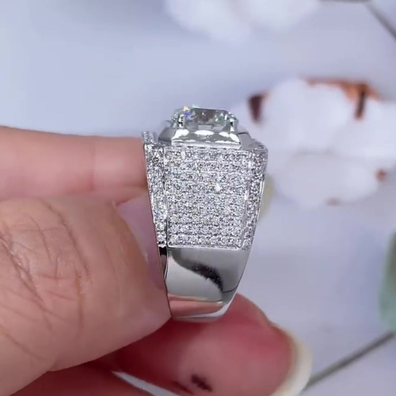 Jorrio handmade luxury round brilliant cut fully paved halo sparkle wide band men's ring