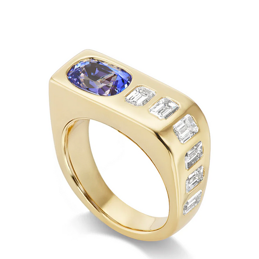 Jorrio Handmade Cushion Tanzanite & Emerald Cut CZ Waterfall Men's Ring