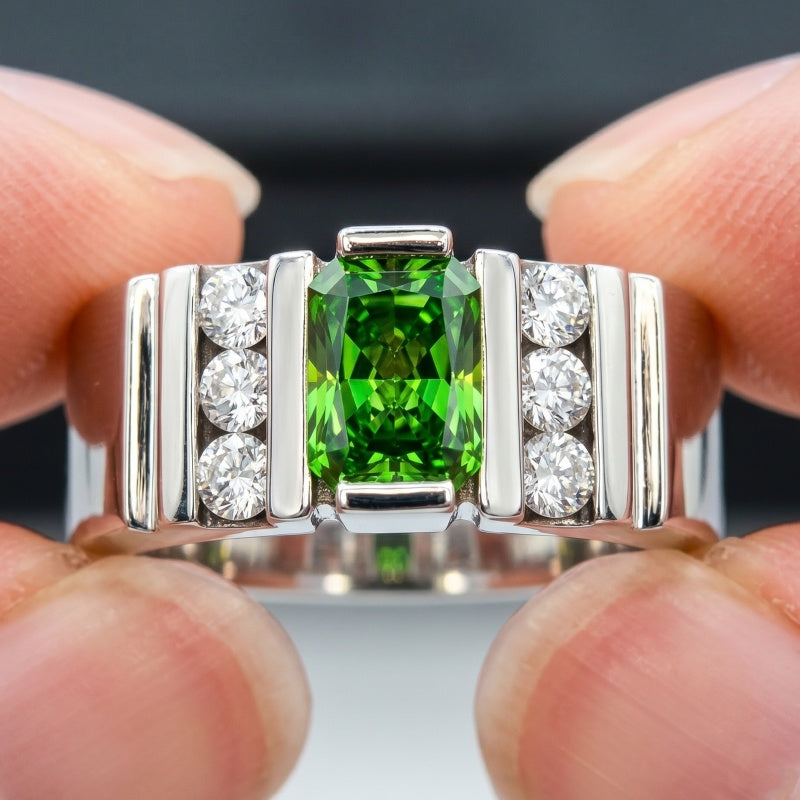 Jorrio Handmade Bold Radiant-Cut Green CZ with Side Round CZ Grooved Men’s Ring