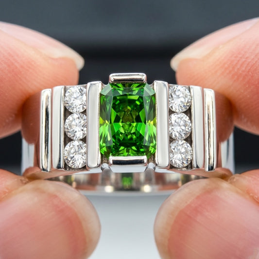 Jorrio Handmade Bold Radiant-Cut Green CZ with Side Round CZ Grooved Men’s Ring