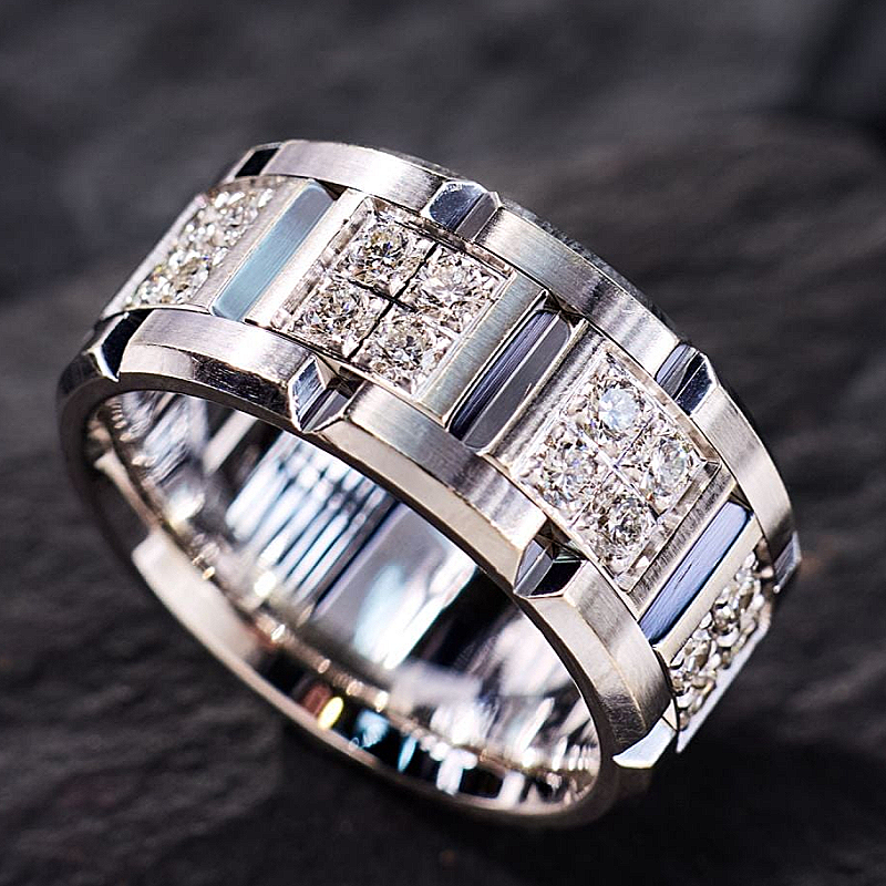 Jorrio Handmade Round Brilliant CZ Cluster Satin-Finished Men's Wedding Band Ring