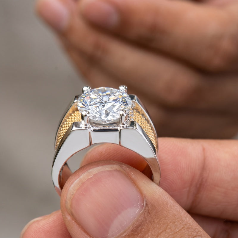 Jorrio Handmade Luxury Textured Two‑Tone Moissanite Solitaire Men’s Wide Band Ring