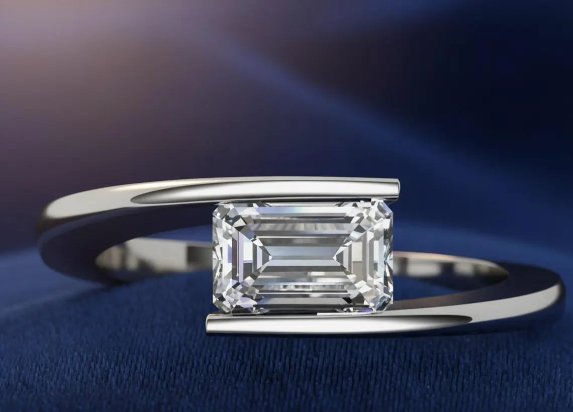 Jorrio Handmade Emerald Cut Moissanite Modern Bypass Ring