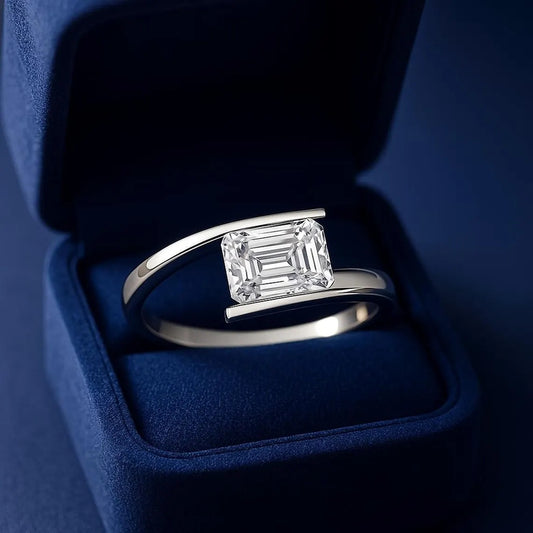 Jorrio Handmade Emerald Cut Moissanite Modern Bypass Ring