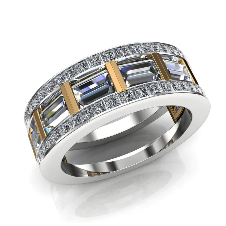 Jorrio Handmade Luxury Two Tone Emerald Cut Pavé Cubic Zirconia Men's Ring