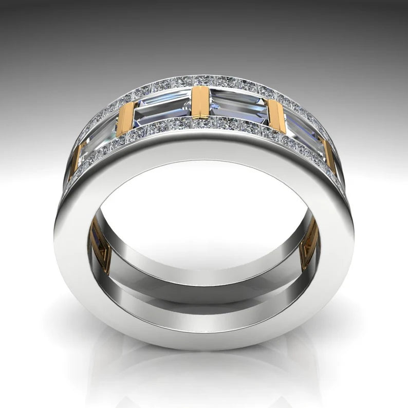 Jorrio Handmade Luxury Two Tone Emerald Cut Pavé Cubic Zirconia Men's Ring