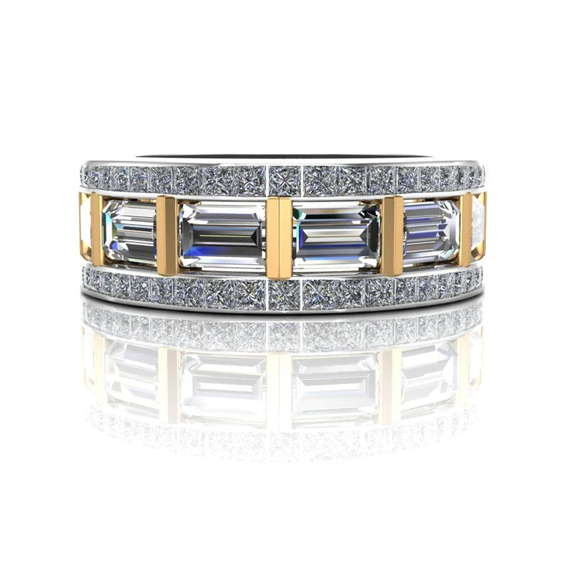 Jorrio Handmade Luxury Two Tone Emerald Cut Pavé Cubic Zirconia Men's Ring