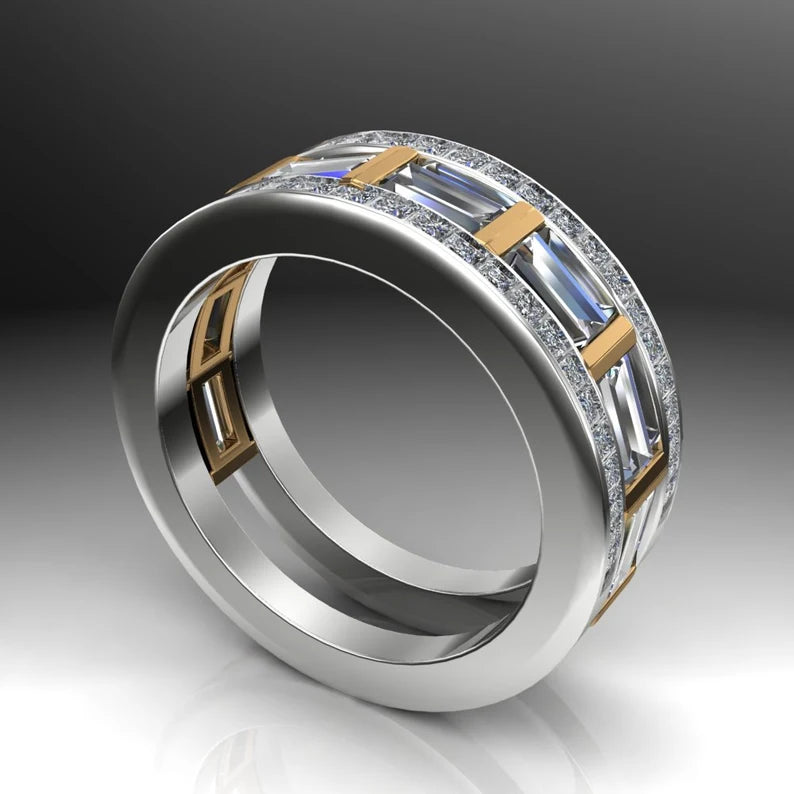 Jorrio Handmade Luxury Two Tone Emerald Cut Pavé Cubic Zirconia Men's Ring