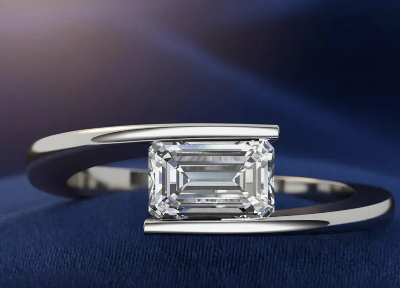 Jorrio Handmade Emerald Cut Moissanite Modern Bypass Ring