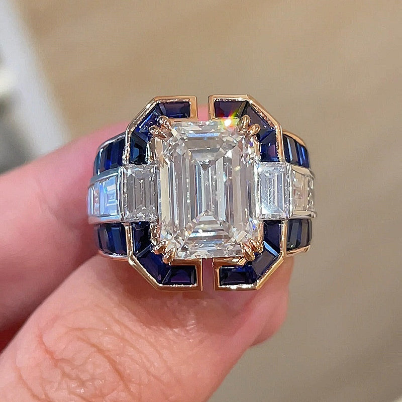 Jorrio Handmade Classic Emerald Cut with Sapphire Accents Men's Ring
