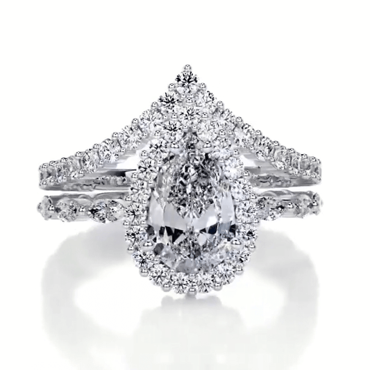 Jorrio handmade created diamond halo pear cut sterling silver bridal set