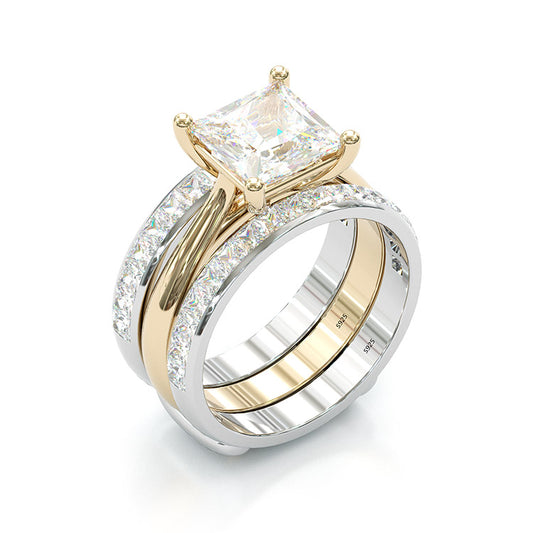 Jorrio handmade princess cut two tone anniversary ring  wedding ring  silver bridal set