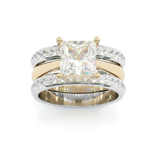 Jorrio handmade princess cut two tone anniversary ring  wedding ring  silver bridal set