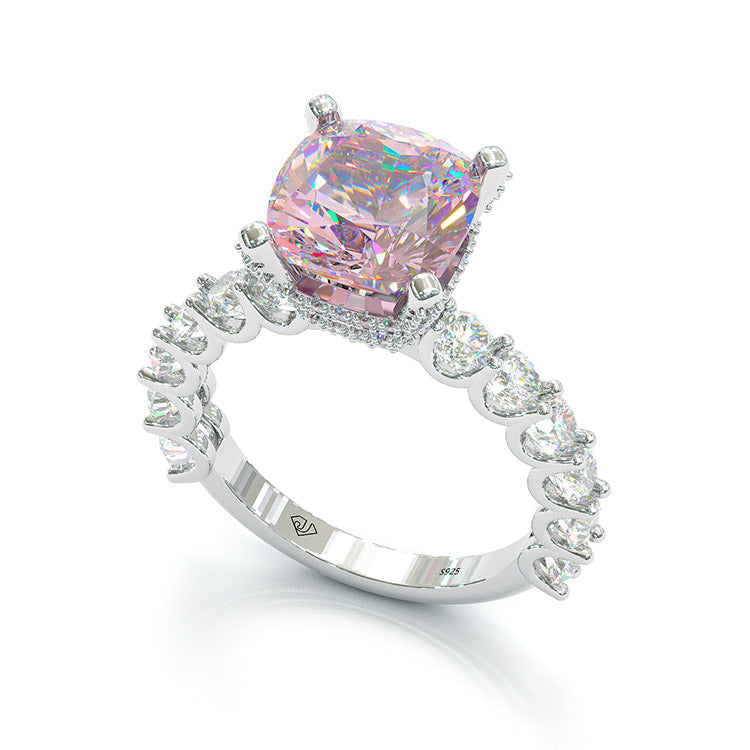 Jorrio handmade created diamond cushion cut sterling silver engagement ring