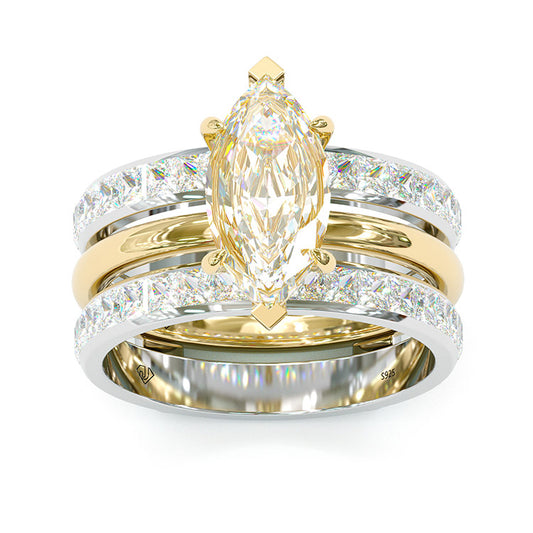 Jorrio handmade marquise cut two tone anniversary ring wedding ring silver bridal set