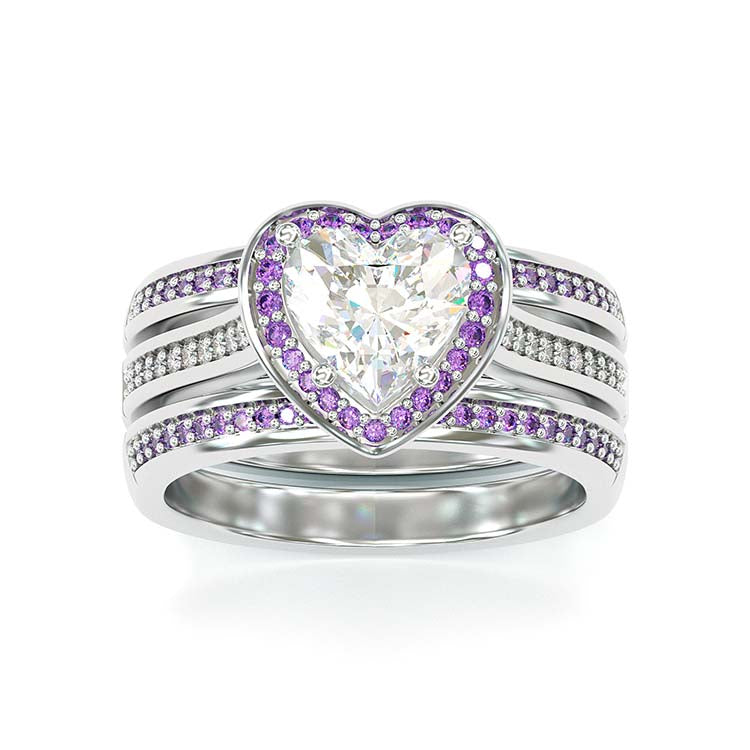 Jorrio Vintage Heart Cut Amethyse Halo Handmade Created Diamond  Sterling Silver Engagement Ring Wedding Ring
