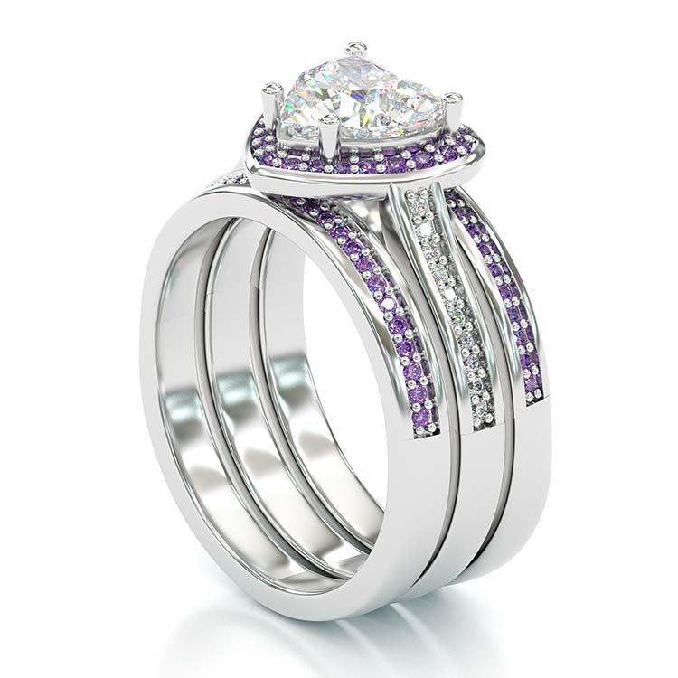 Jorrio Vintage Heart Cut Amethyse Halo Handmade Created Diamond  Sterling Silver Engagement Ring Wedding Ring