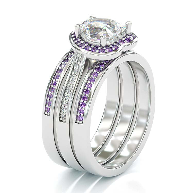 Jorrio Vintage Heart Cut Amethyse Halo Handmade Created Diamond  Sterling Silver Engagement Ring Wedding Ring