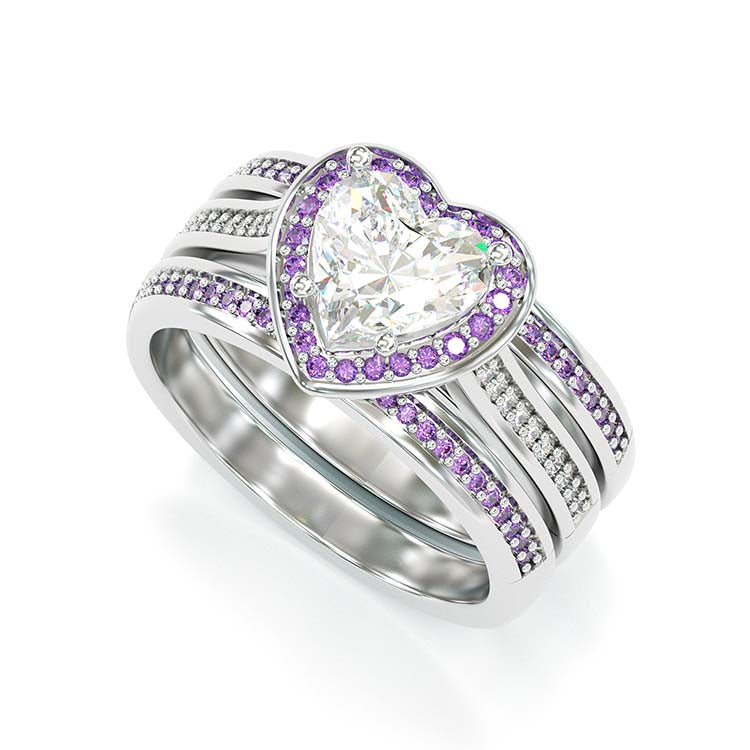 Jorrio Vintage Heart Cut Amethyse Halo Handmade Created Diamond  Sterling Silver Engagement Ring Wedding Ring