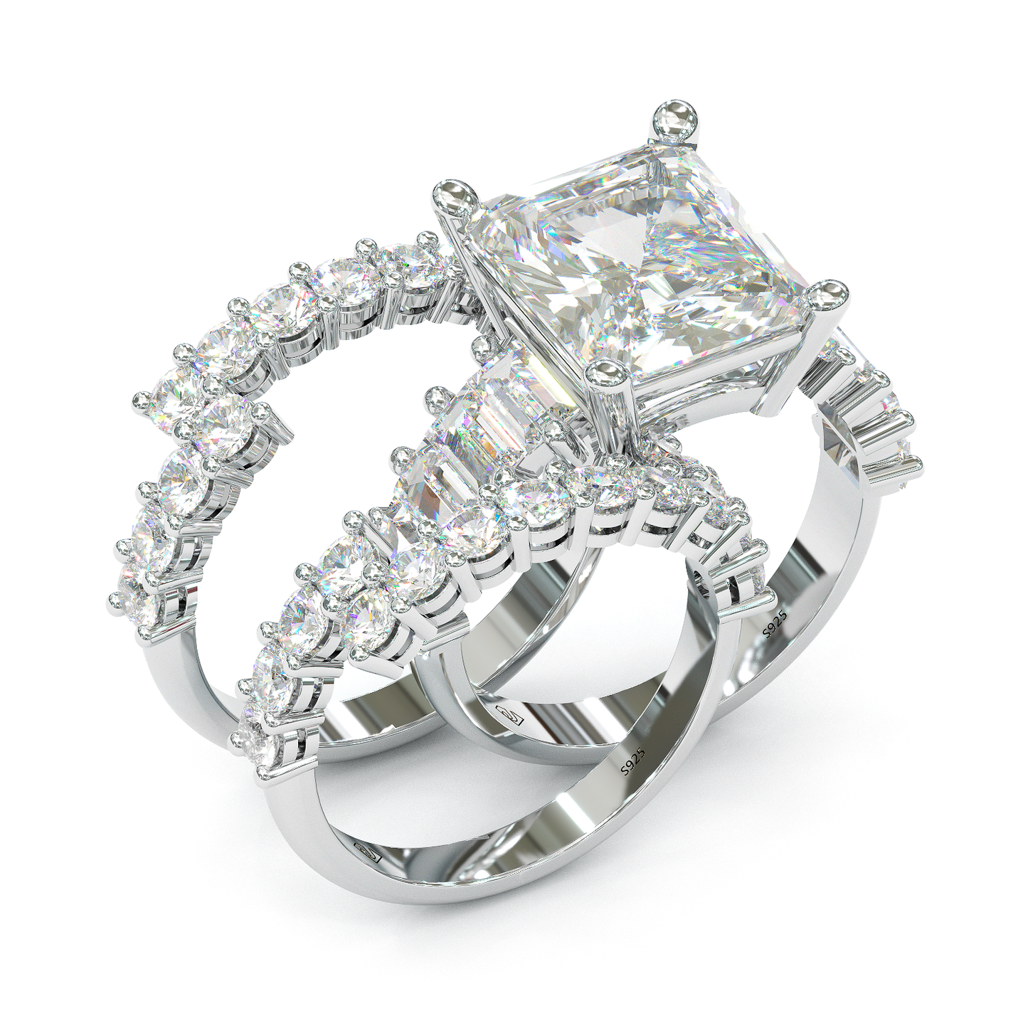 Jorrio handmade radiant cut classic sterling sliver wedding ring 3pcs bridal set